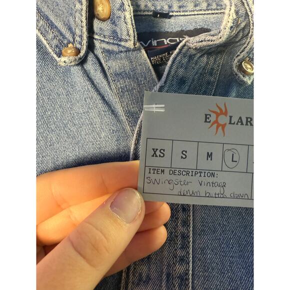 Vintage Swingster Blue Denim Button Up Long Sleeve Shirt AgriGold Embroidered L - Picture 4 of 4